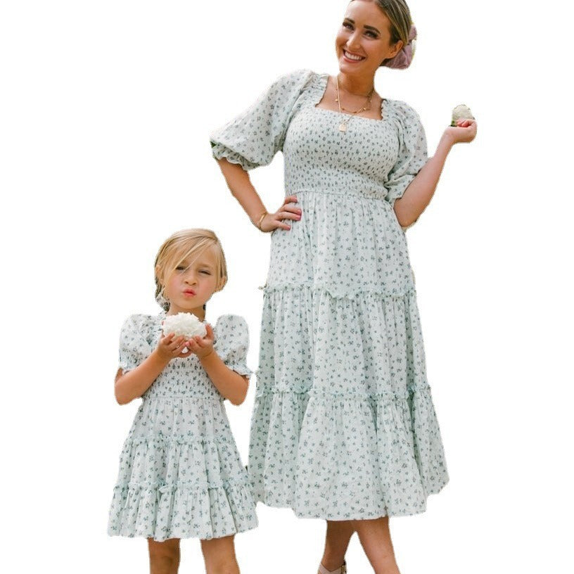 Fashion Floral Square Collar Lantern Sleeve Mother-daughter