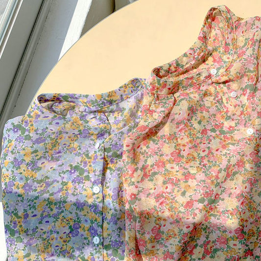 Women's Floral Chiffon Top Long Sleeve Shirt