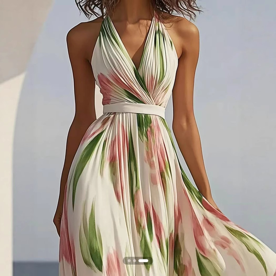 White French Gentle Seaside Holiday Oblique Shoulder Strap Dress