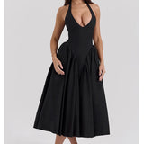 Black Halter Dresses Low Waist Pleated Swing Midi