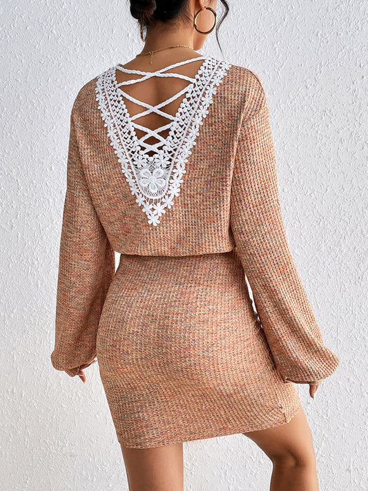 Women's Clothing - Honey Lace Detail V-Neck Mini Dress