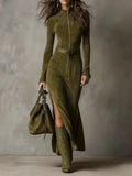 Slim Zipper Dress Elegant Temperament Split Long-sleeved Dresses