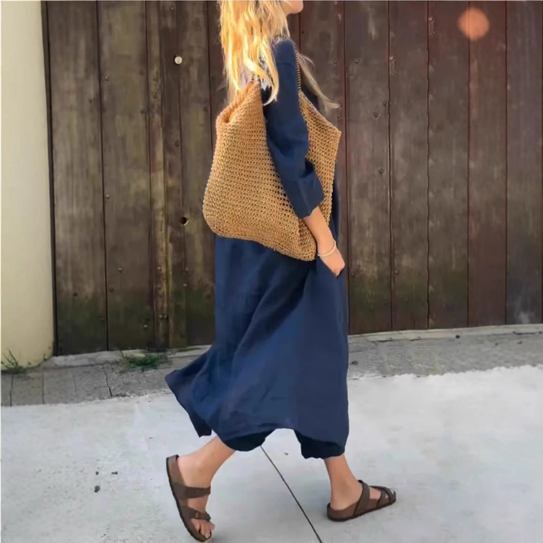 2pcs Long-sleeved Suits Loose V-neck Long Top And High Waist Wide Leg Pants