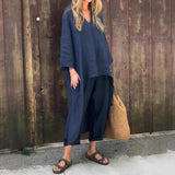 2pcs Long-sleeved Suits Loose V-neck Long Top And High Waist Wide Leg Pants