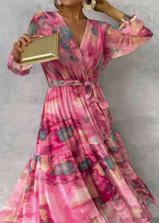 Long-sleeved Floral Print Dress Elegant V-neck