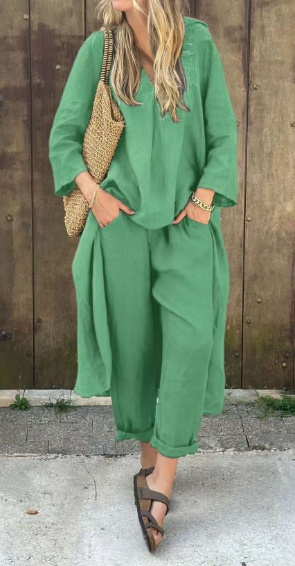 2pcs Long-sleeved Suits Loose V-neck Long Top And High Waist Wide Leg Pants