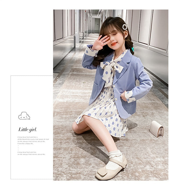 Girls Casual Blazer Solid Color Dot Dress Set Suit