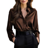 Satin Long Sleeve Blouse For Women Button-Up Collar Shirt