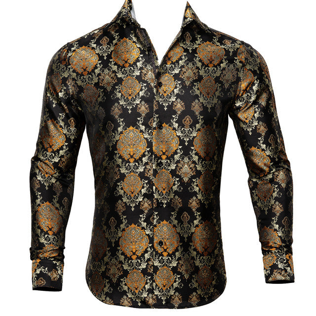 Floral Long Sleeve Silk Shirts Men