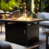Propane FirePit Table: 50,000 BTU Aluminum Slat Top with Lid, Stainless Steel Burner, Windguard, 8KG Glass Beads, 300D PVC Cover, CSA-Listed