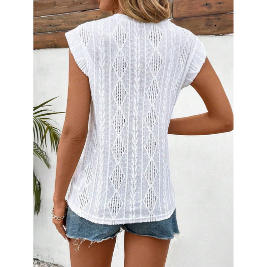 Eyelet Round Neck Cap Sleeve Top
