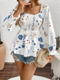Smocked Floral Scoop Neck Flounce Sleeve Blouse