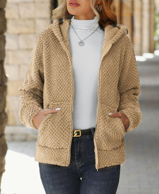 Women's Autumn And Winter Loose Pocket Hooded Zipper Plush Jacket