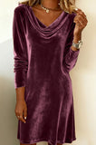 Solid Color Swing Collar Long Sleeved Velvet Dress
