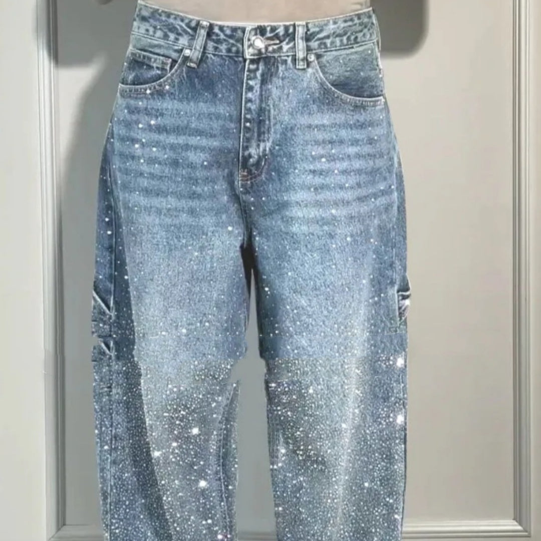 Ins Shiny Straight Jeans With Pockets Fashion Loose Wide-leg Pants