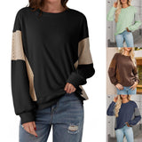 Black sweater with beige and brown striped sleeves worn by a person, with additional images of the sweater in different colors.