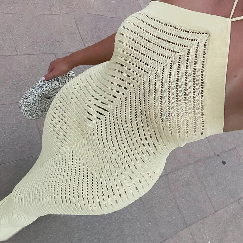 Knitted Long Dress For Women Hollow Halter Backless
