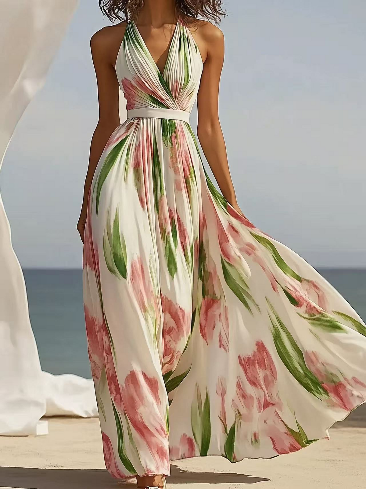White French Gentle Seaside Holiday Oblique Shoulder Strap Dress