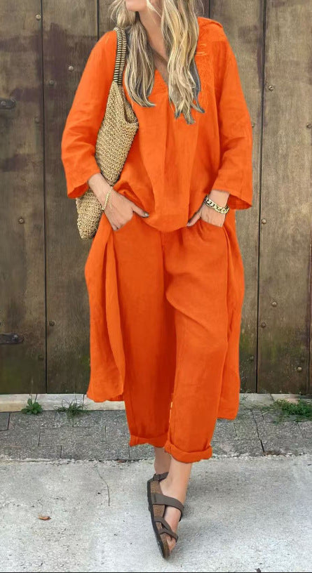 2pcs Long-sleeved Suits Loose V-neck Long Top And High Waist Wide Leg Pants