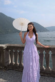 Lavender Halter Neck Prom Dresses Floral Chiffon Ruffles Evening Dresses