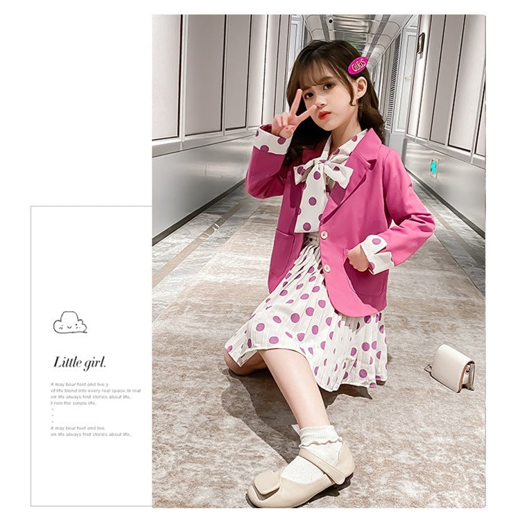 Girls Casual Blazer Solid Color Dot Dress Set Suit