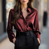 Satin Long Sleeve Blouse For Women Button-Up Collar Shirt
