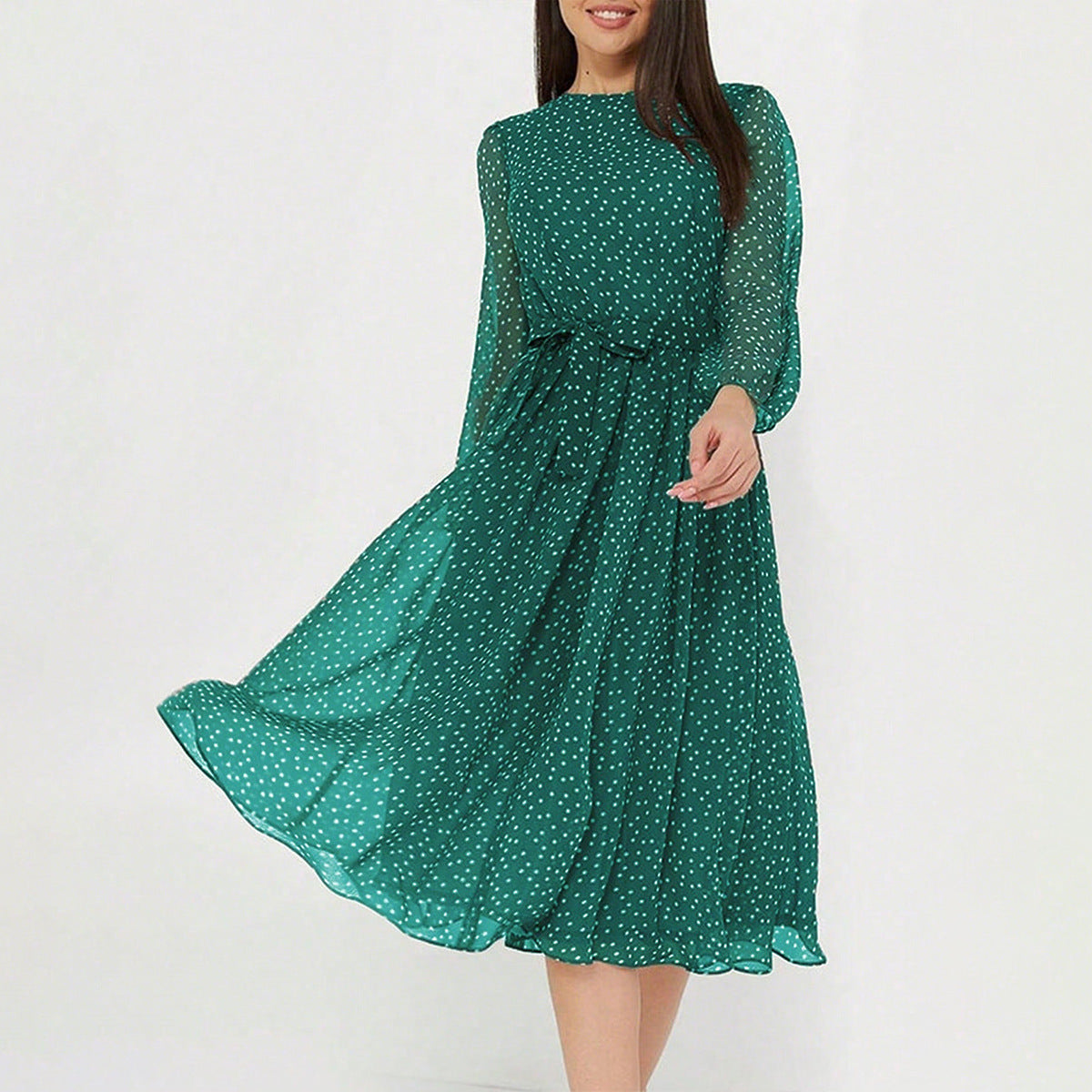 Vacation Style Polka Dot Long Sleeve Maxi Dress