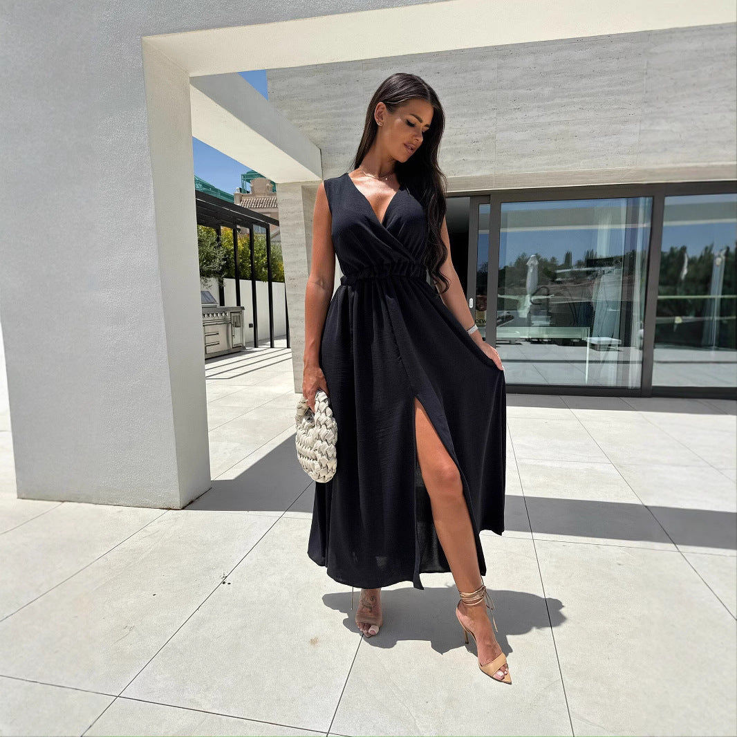 Pure Color Elastic Waist Split Dress Long