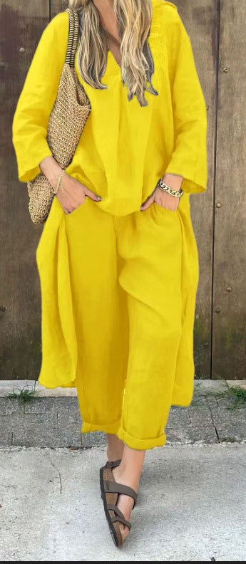 2pcs Long-sleeved Suits Loose V-neck Long Top And High Waist Wide Leg Pants