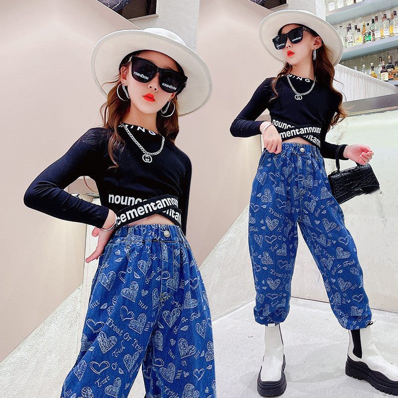 Girls' Loose Jeans Big Kids Long-sleeved Bottoming Shirt