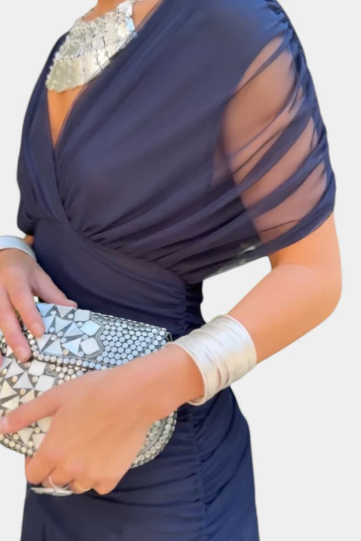 Chiffon Short-sleeved Dress Summer Fashion Print V-neck Long Dress, Women's Clothing