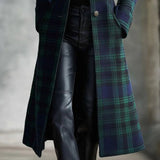Womens Single-Breasted Plaid Long-Sleeve Long Cardigan Coat