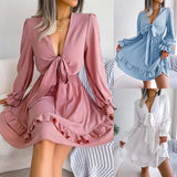 Summer Dresses Solid Color V-neck Long Sleeve Dress For Women