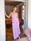 Pleated Halter Neck Long Dress With Lotus Purple Strapless