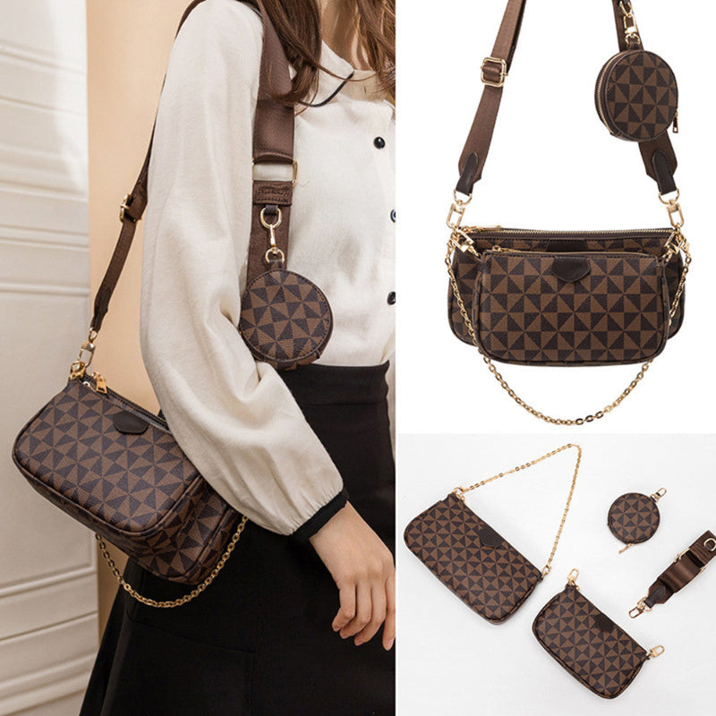 Brown patterned handbag with gold chain and matching pouches on a white background