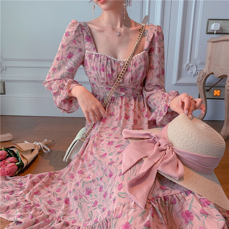 Square Collar, Long Sleeves, Waist, Thin, Pearl Buttons, Floral Dress, Women