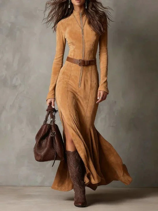Slim Zipper Dress Elegant Temperament Split Long-sleeved Dresses