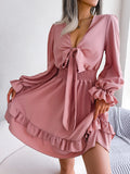 Summer Dresses Solid Color V-neck Long Sleeve Dress For Women
