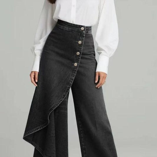 Denim Skort With Button Closure And Washed Finish For Women