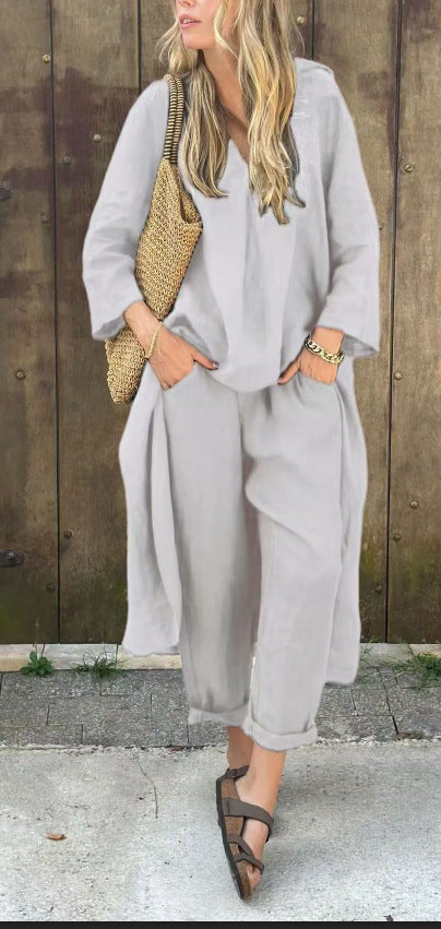 2pcs Long-sleeved Suits Loose V-neck Long Top And High Waist Wide Leg Pants