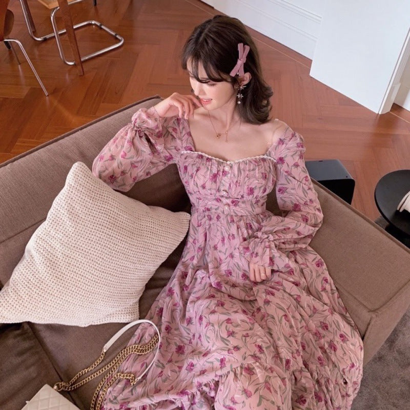 Square Collar, Long Sleeves, Waist, Thin, Pearl Buttons, Floral Dress, Women