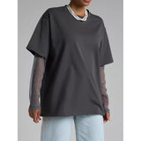 Faux Layered Round Neck Mesh Sleeve Top