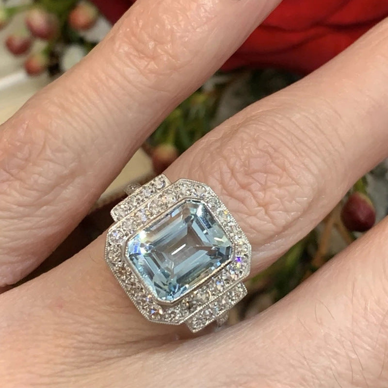Luxury Square Sea Blue Zircon Ring
