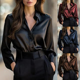 Satin Long Sleeve Blouse For Women Button-Up Collar Shirt