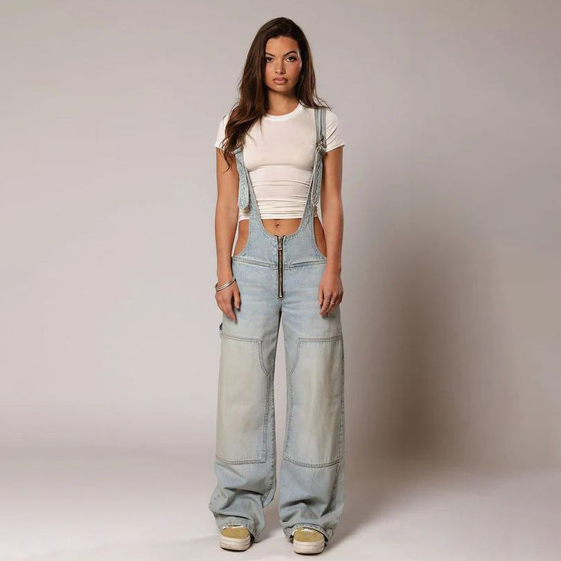 Y2K Zipper Denim Overalls With Pockets Fashion
