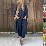 2pcs Long-sleeved Suits Loose V-neck Long Top And High Waist Wide Leg Pants