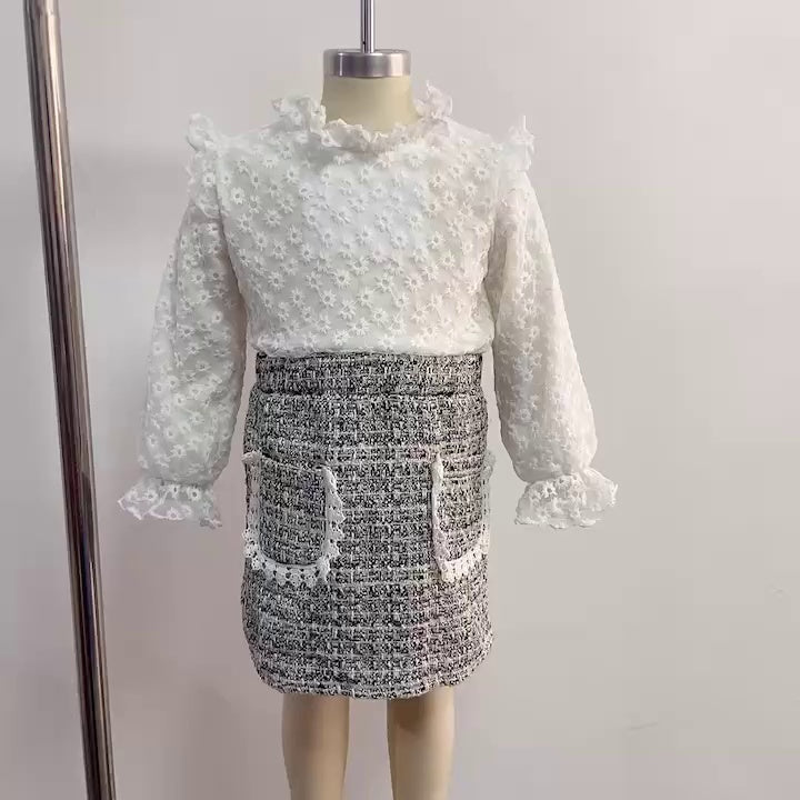 Girls Lace Top Houndstooth Skirt Set