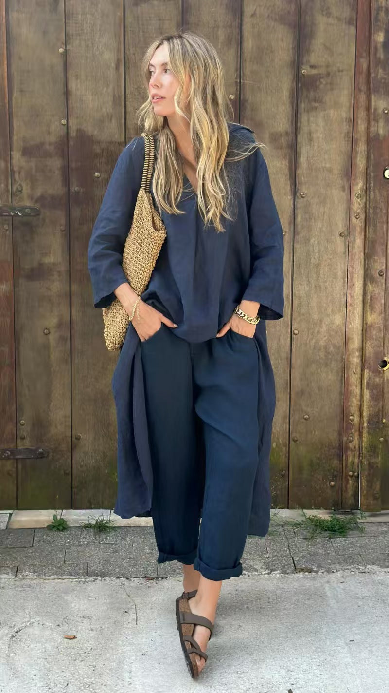 2pcs Long-sleeved Suits Loose V-neck Long Top And High Waist Wide Leg Pants