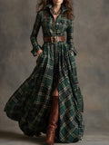 Ins Plaid Print Long-Sleeved Dress Fashion Pockets Collared Buttons Shirt Long Dresses Retro Women's Clothing