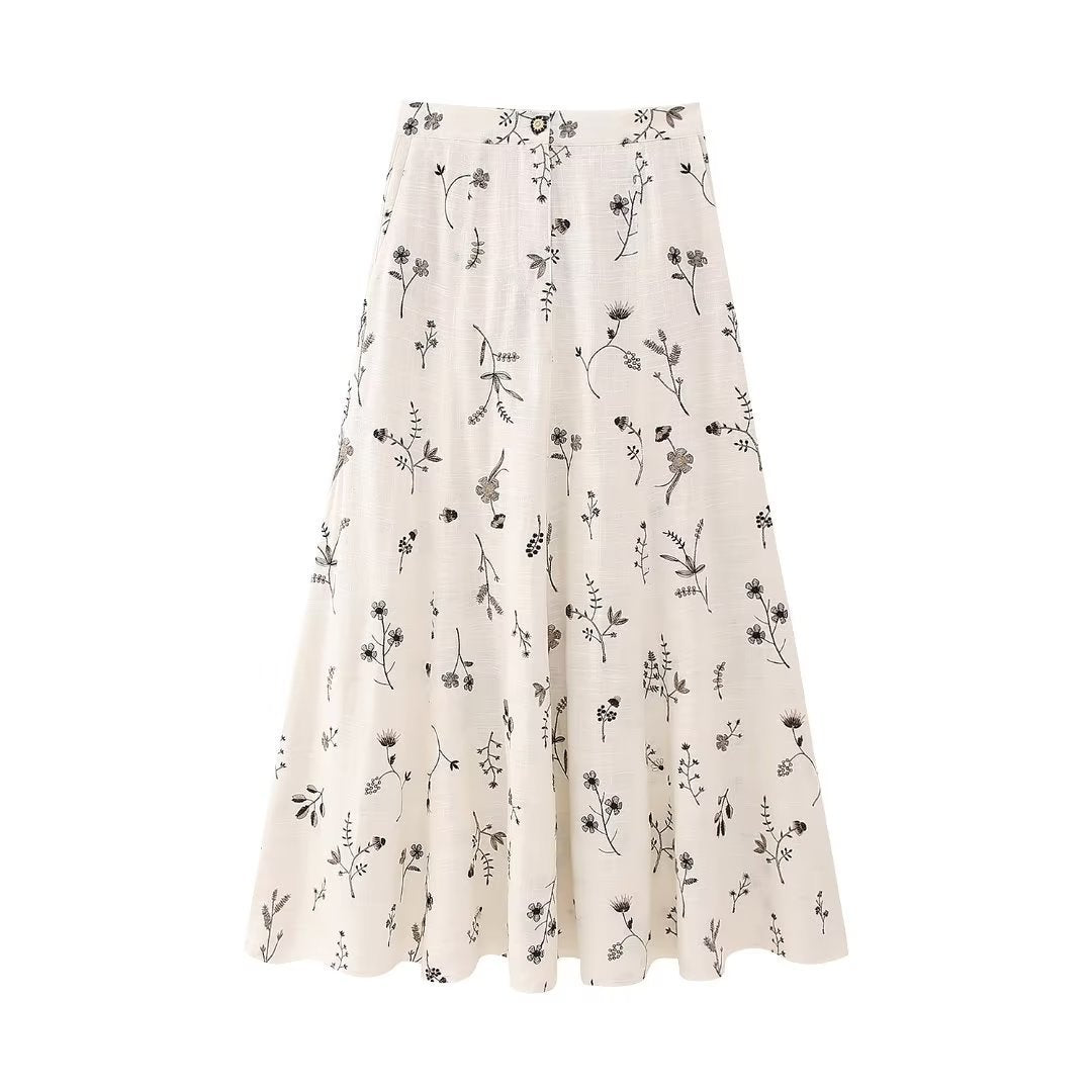 Summer New Embroidered Linen Blended Top Long Skirt